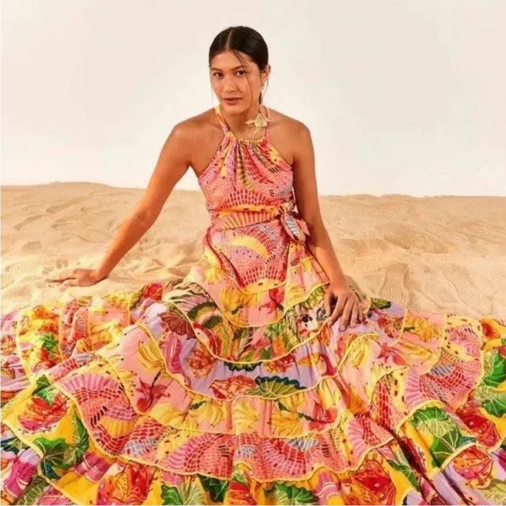 Farm Rio Dresses Mixed Pink Print Tiered Halter Tie Back Maxi Dress